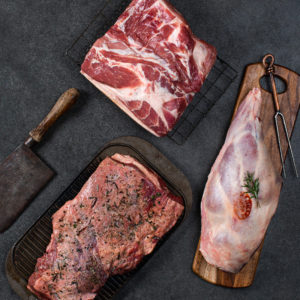 The Slow Cook meat pack, pork boston butt, beef point end brisket, roast leg of lamb